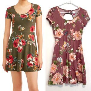 NO BOUNDARIES NOBO Cap Sleeve Skater Dress Mauve Rose Pink Floral Mini Fit Flare